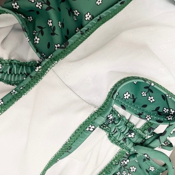Romwe Green & White Floral Print Side Drawstring One Piece Swimsuit Size Large - Picture 9 of 15